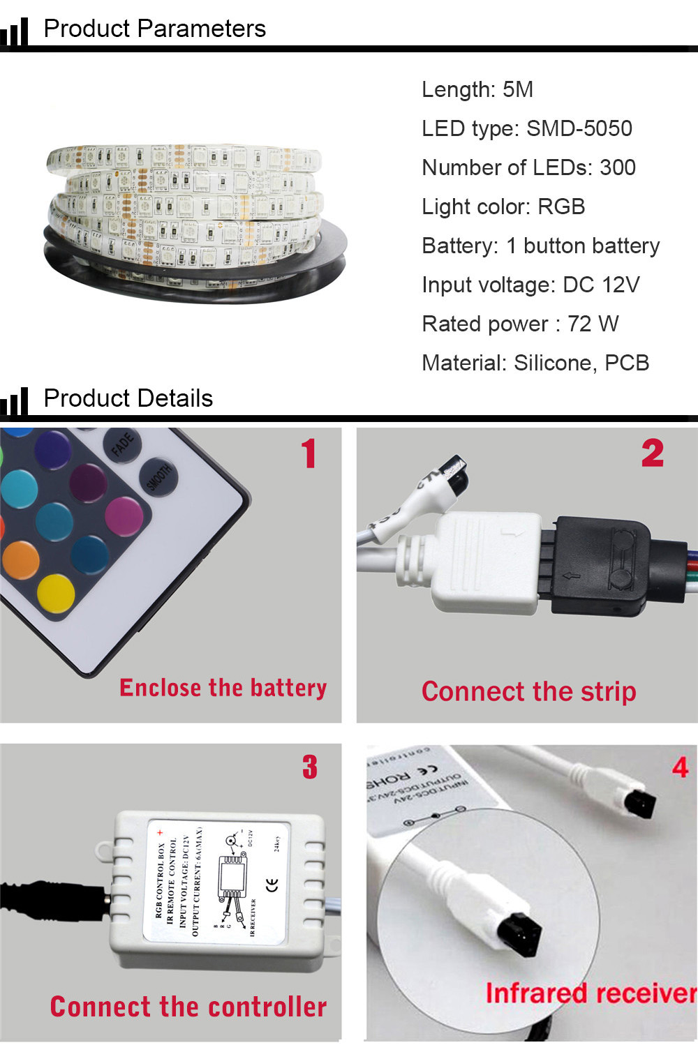 1Set YXLight 5M RGB 5050 24-KEY Remote Control Waterproof Flexible Light Strip