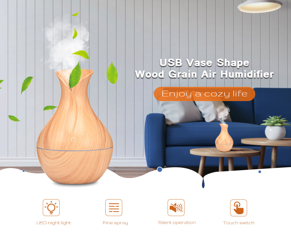 XBH - 038A USB Air Humidifier Oil Aroma Vase Shape Wood Grain Mini Mist Maker