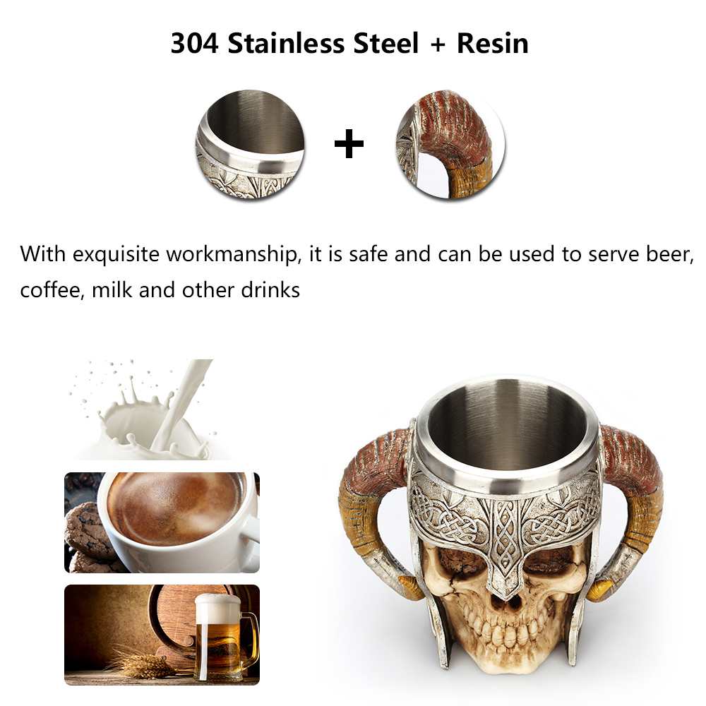 Stainless Steel Skull Mug Horn Warrior Beer Stein Halloween Bar Coffee Tea Cup