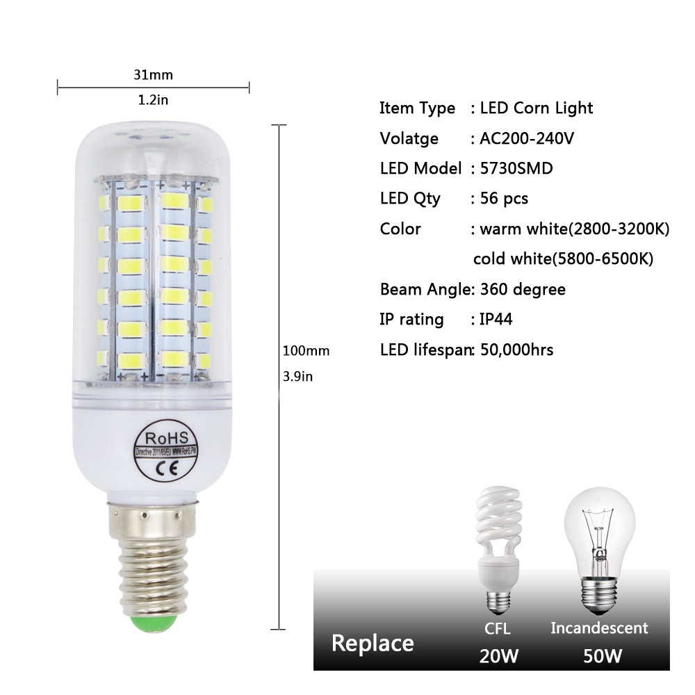 E14 8W LED Corn Bulb Lamp 56-SMD 5730 (AC 220)