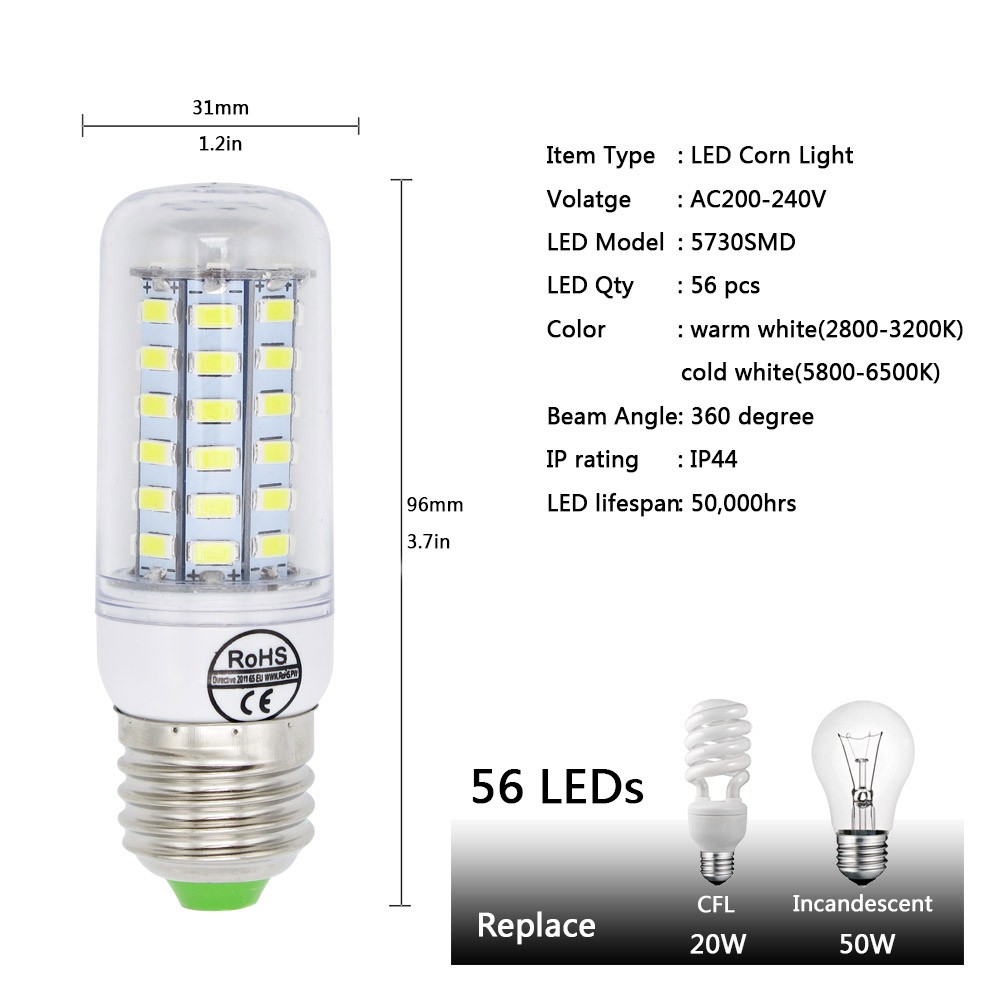 E27 8W LED Corn Bulb Lamp 56-SMD 5730 (AC 220)