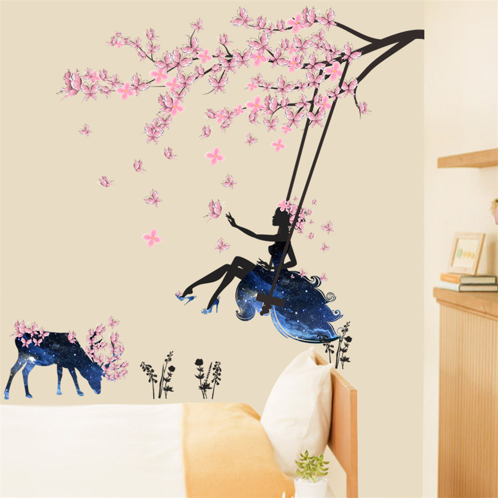 Flower Fairy Children Pink Flowers Elk Wall Stickers Removable Stickers