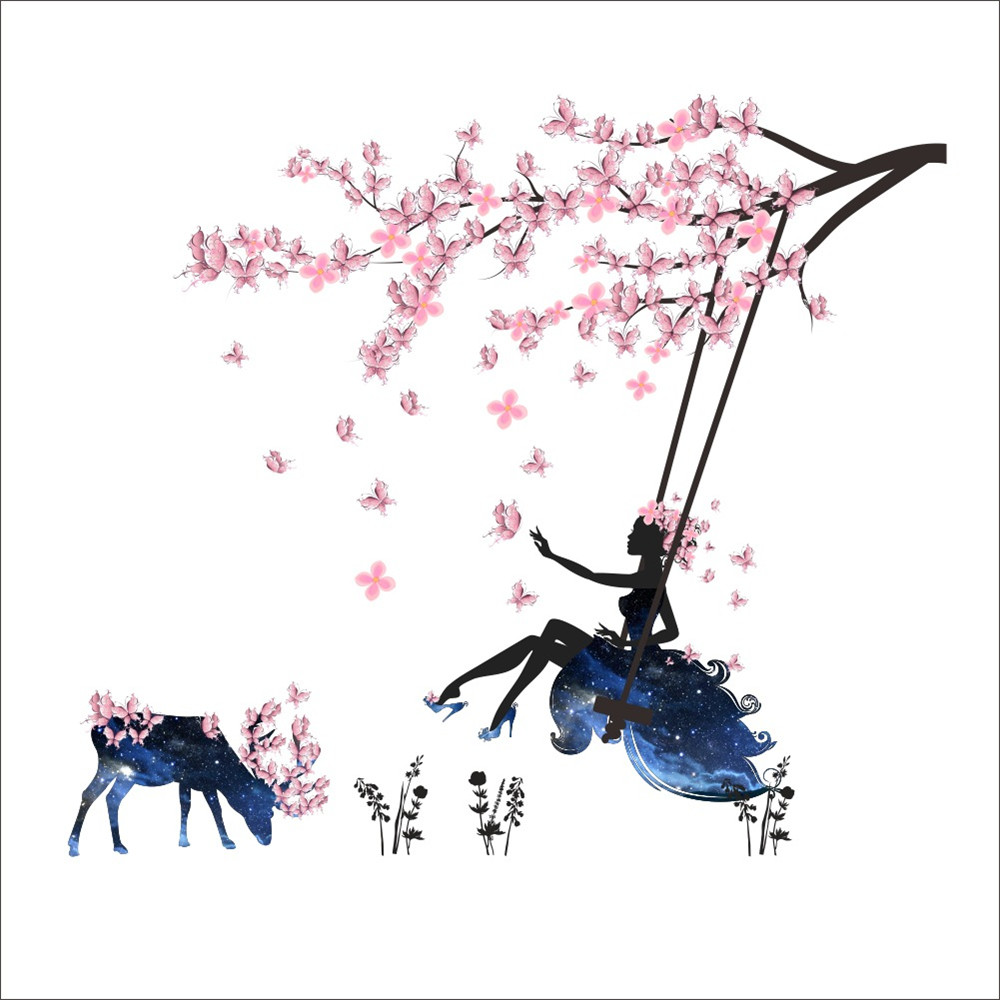 Flower Fairy Children Pink Flowers Elk Wall Stickers Removable Stickers