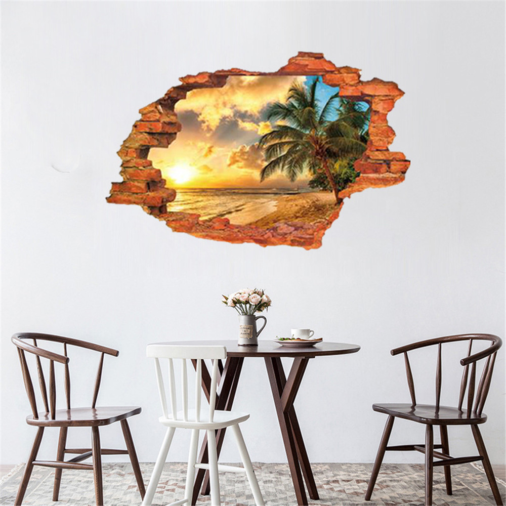 Broken Wall Sunset Coconut Beach Scenery Wall with 3D Stereo Effect Sticker