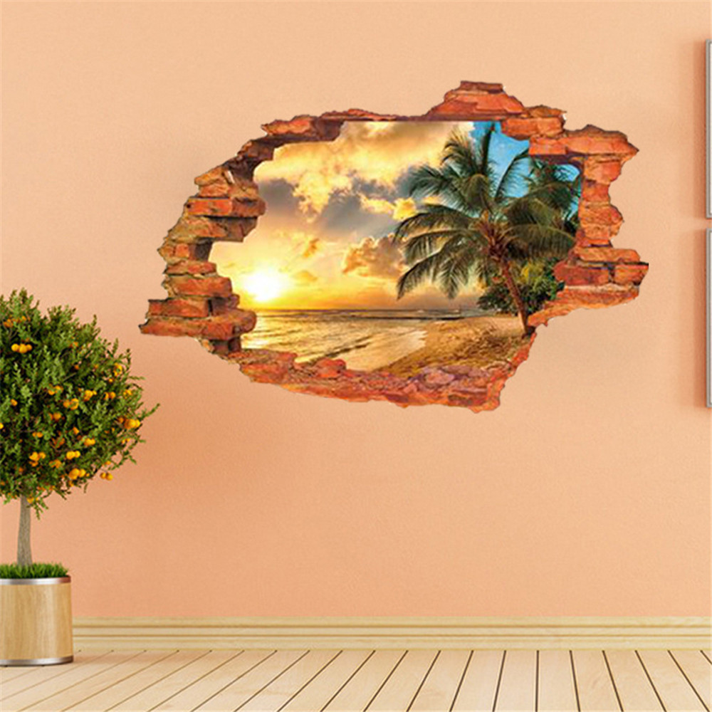 Broken Wall Sunset Coconut Beach Scenery Wall with 3D Stereo Effect Sticker