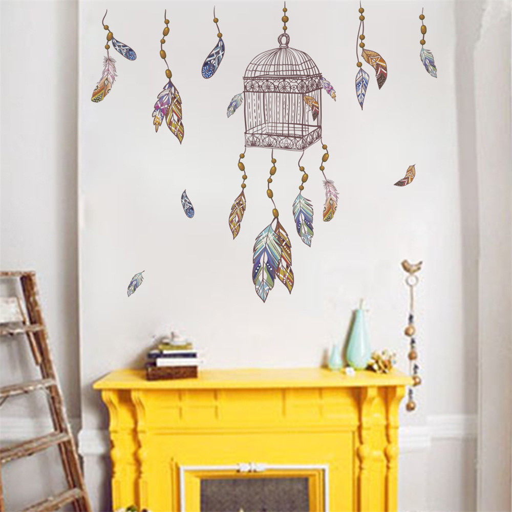 Colored Feathers and Birdcages Removable Wall Stickers for Children'S Rooms