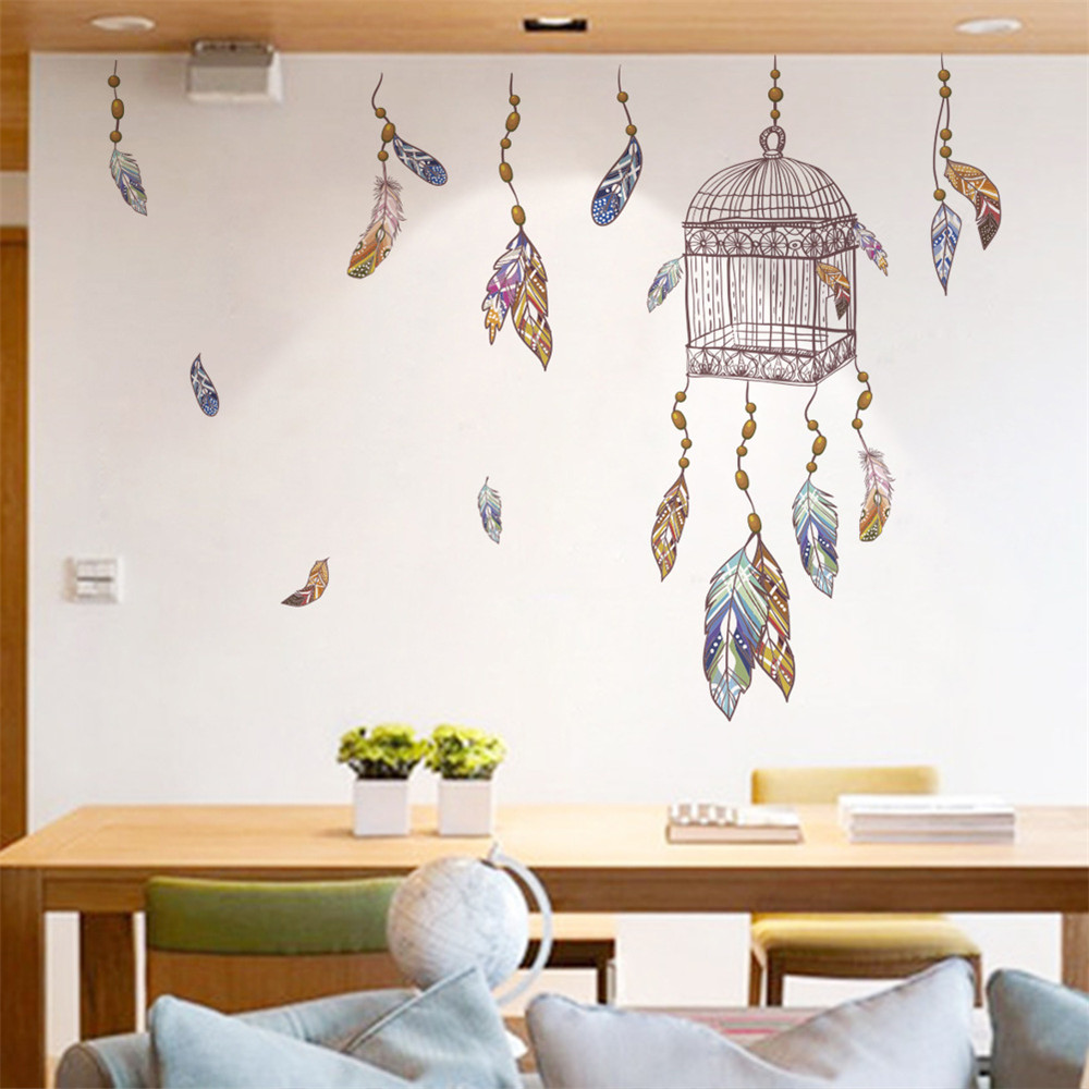 Colored Feathers and Birdcages Removable Wall Stickers for Children'S Rooms