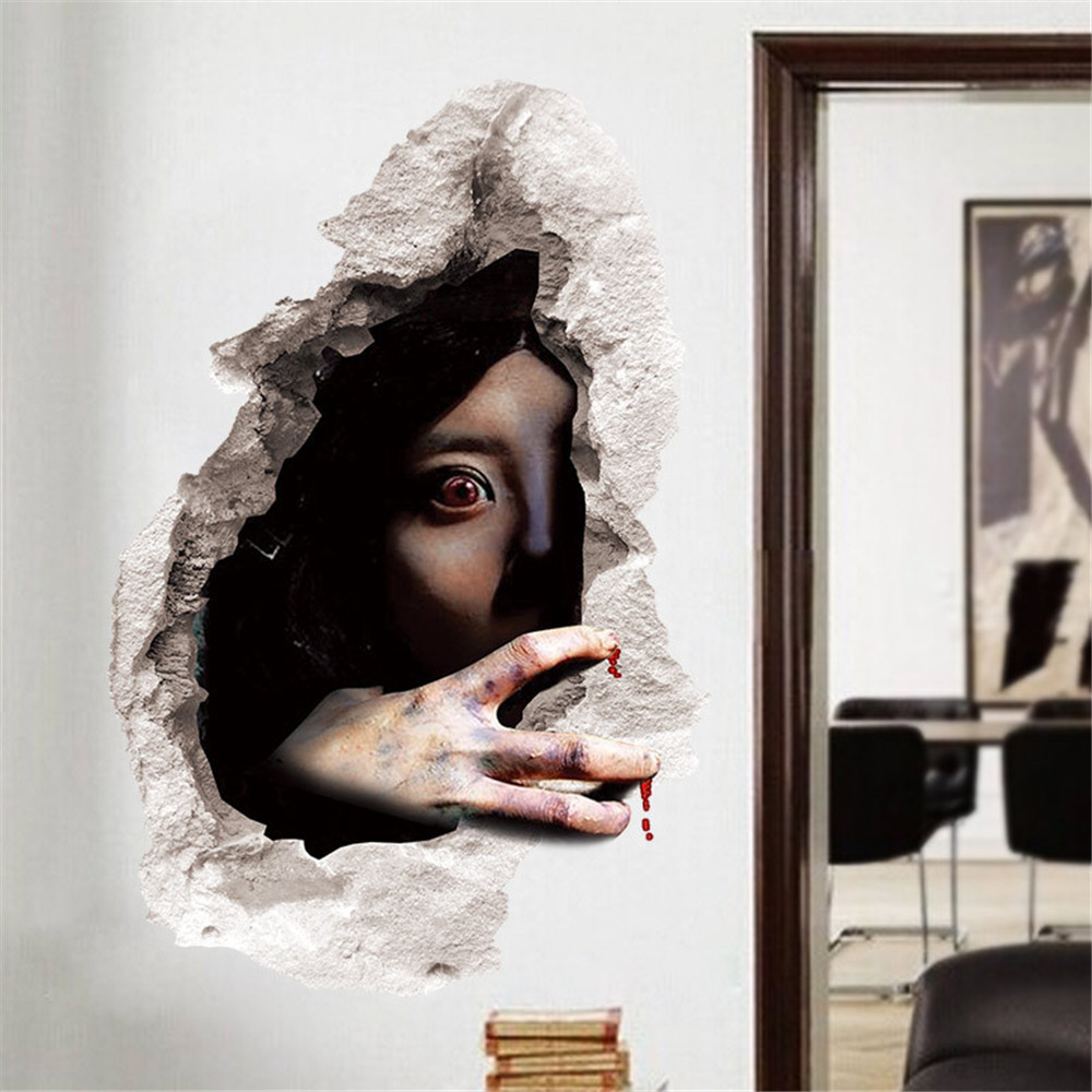 Female Ghost Breaking Wall Horror 3D Stereo Effect Sticker Creative Home Decal