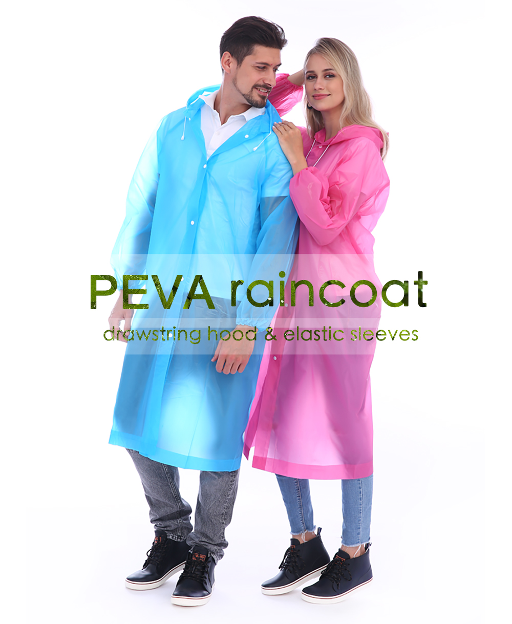 Adult lightweight PEVA raincoat with elastic sleeves and drawstring hoods