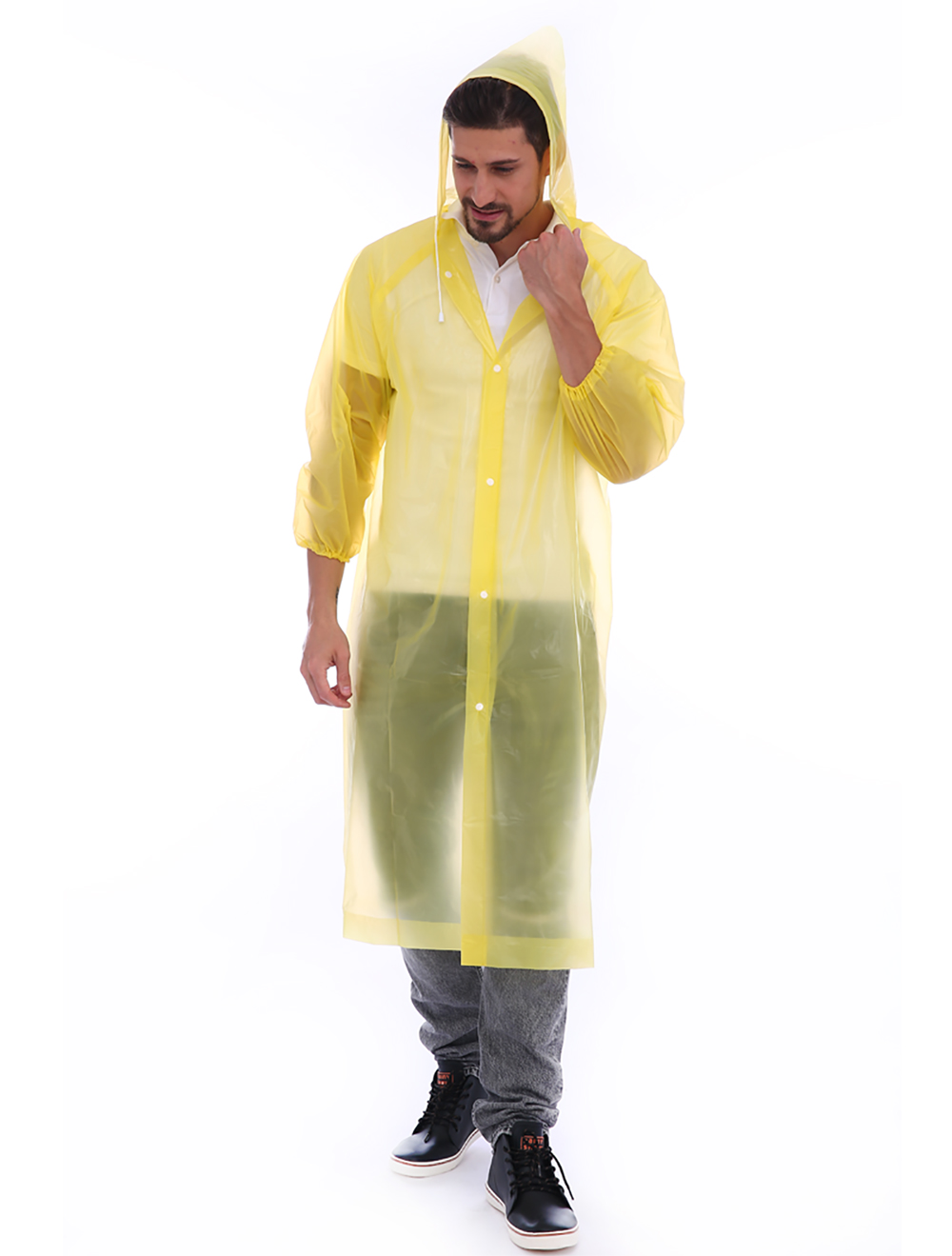Adult lightweight PEVA raincoat with elastic sleeves and drawstring hoods