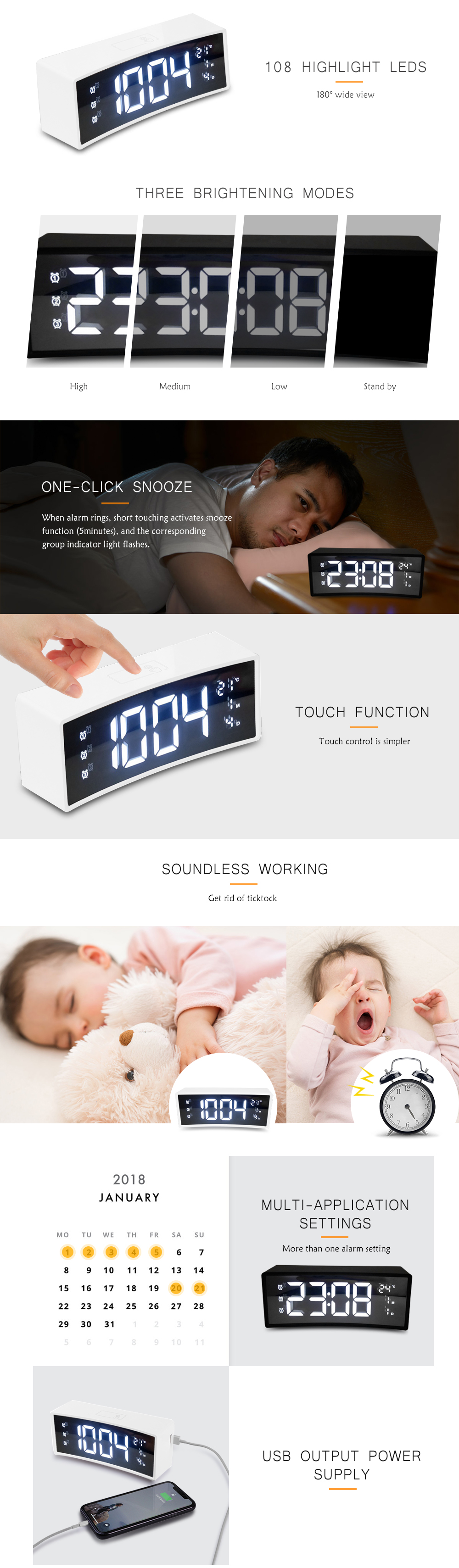 3D Curved Surface Screen Floating LED Display Smart Alarm Electronic Clock
