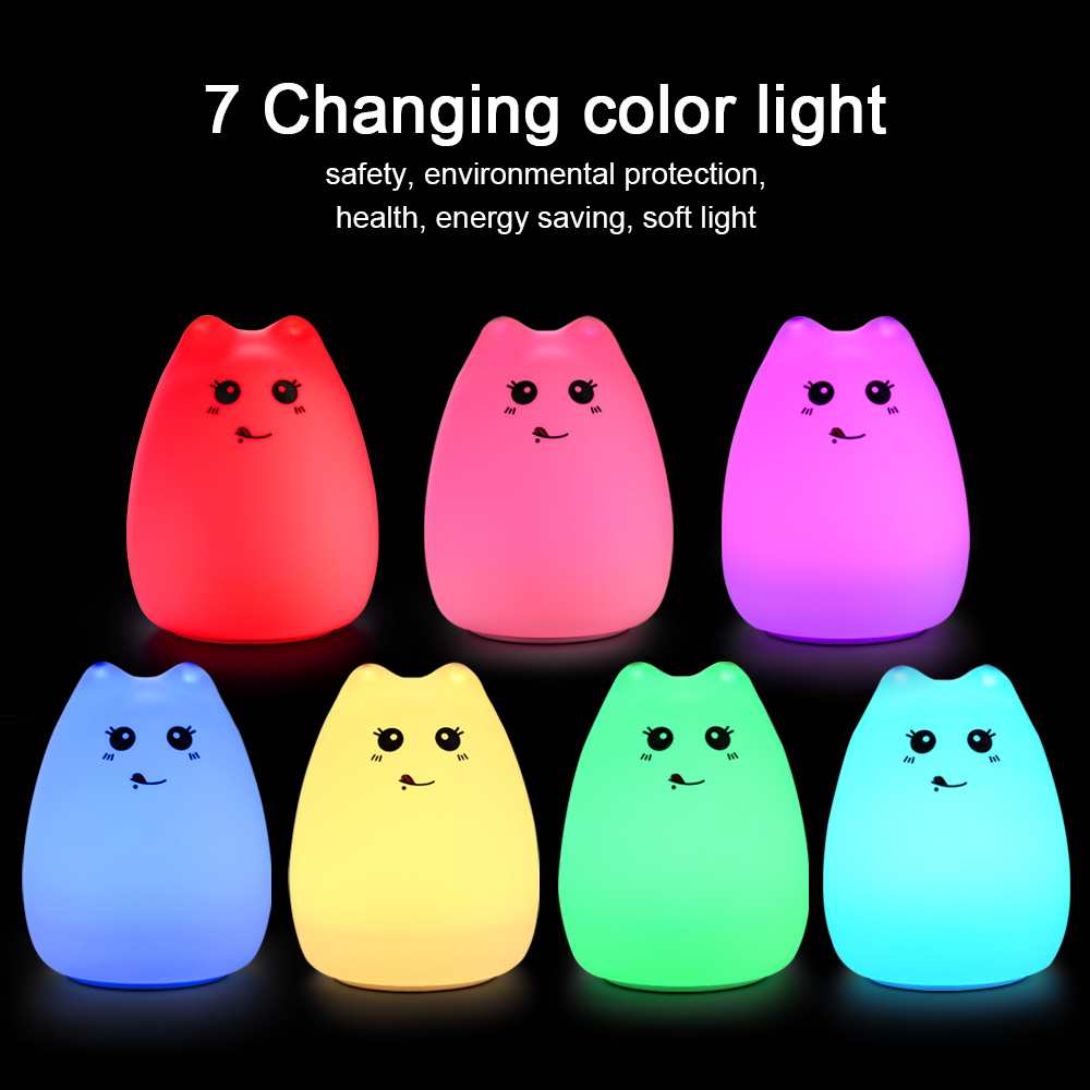 Touch Sensor LED Night Light USB Colorful Cute Cat Silicone Bedroom Beside Lamp