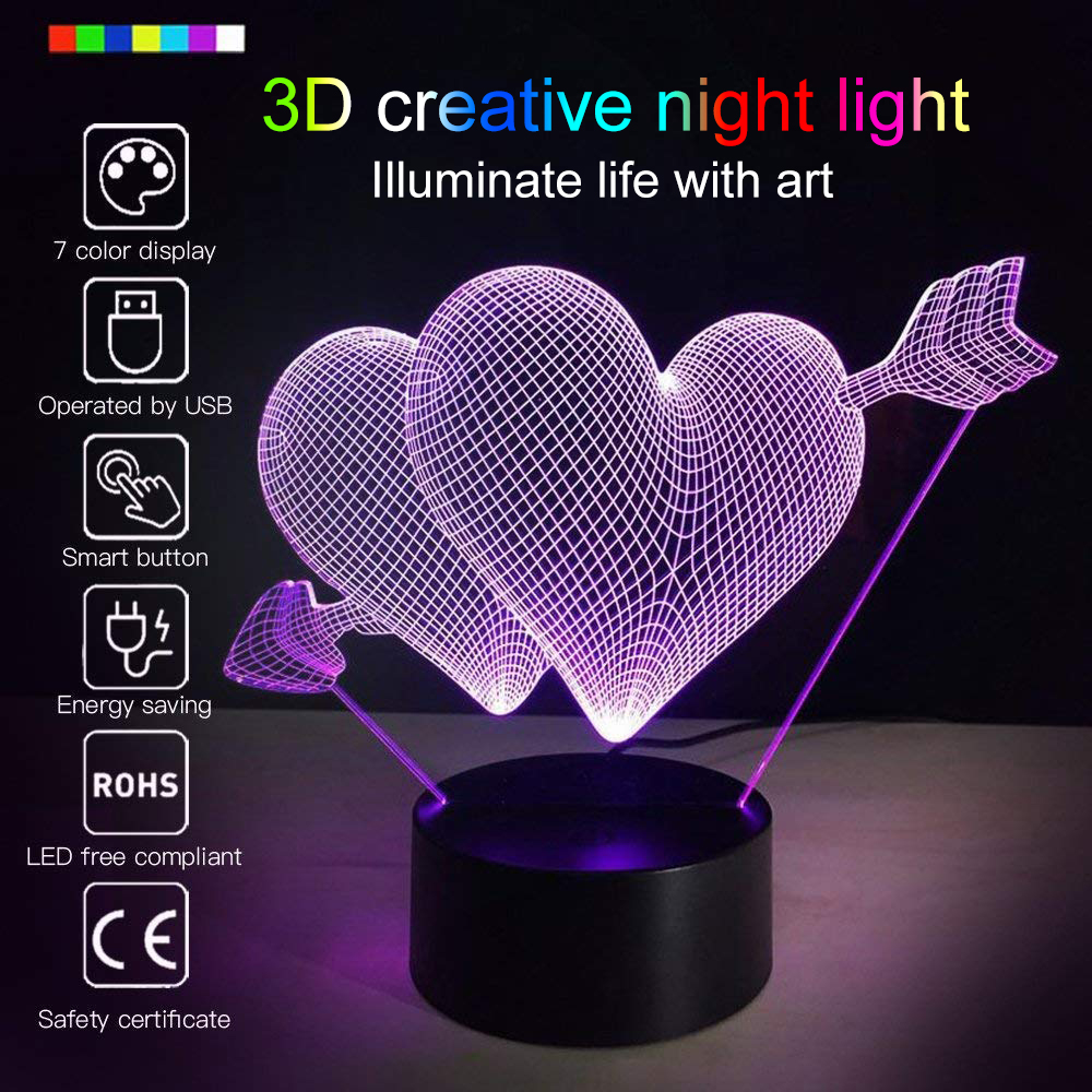 Valentine's Day 3D Night Lights Heart Shaped Colorful Decorative Table Lamp