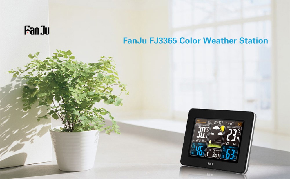 FanJu FJ3365 Multifunctional Wireless Weather Station Alarm Clock Color Display with Weather Forecast Temperature Humidity Barometer Moon Phase