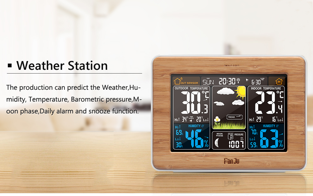 FanJu FJ3365 Multifunctional Wireless Weather Station Alarm Clock Color Display with Weather Forecast Temperature Humidity Barometer Moon Phase
