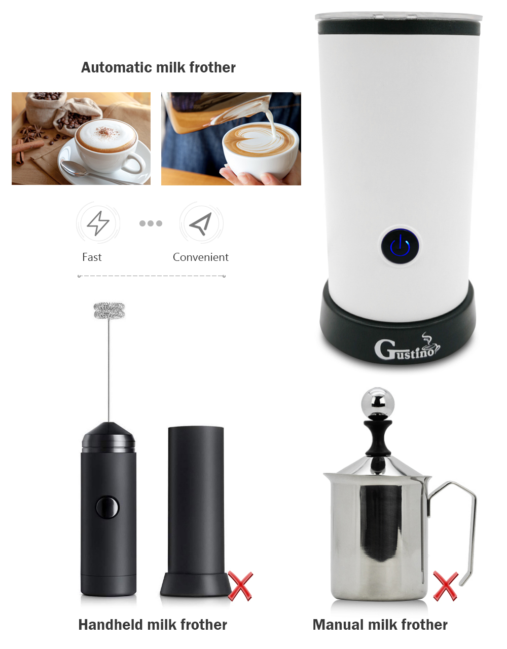 Gustino Electric Automatic Milk Frother Cappuccino Latte Coffee Portable Home Cafe