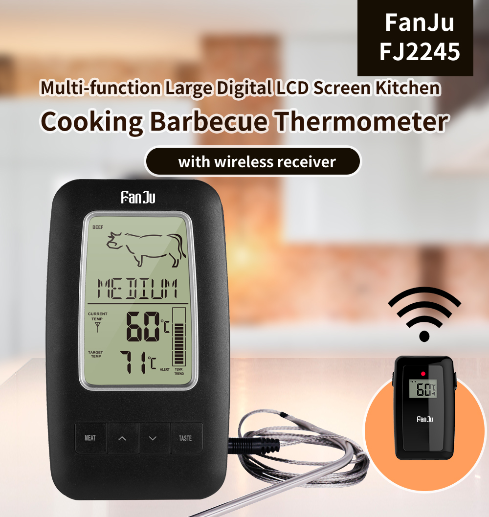 FanJu Digital LCD Kitchen Thermometer Wireless Remote Temperature Oven Grill