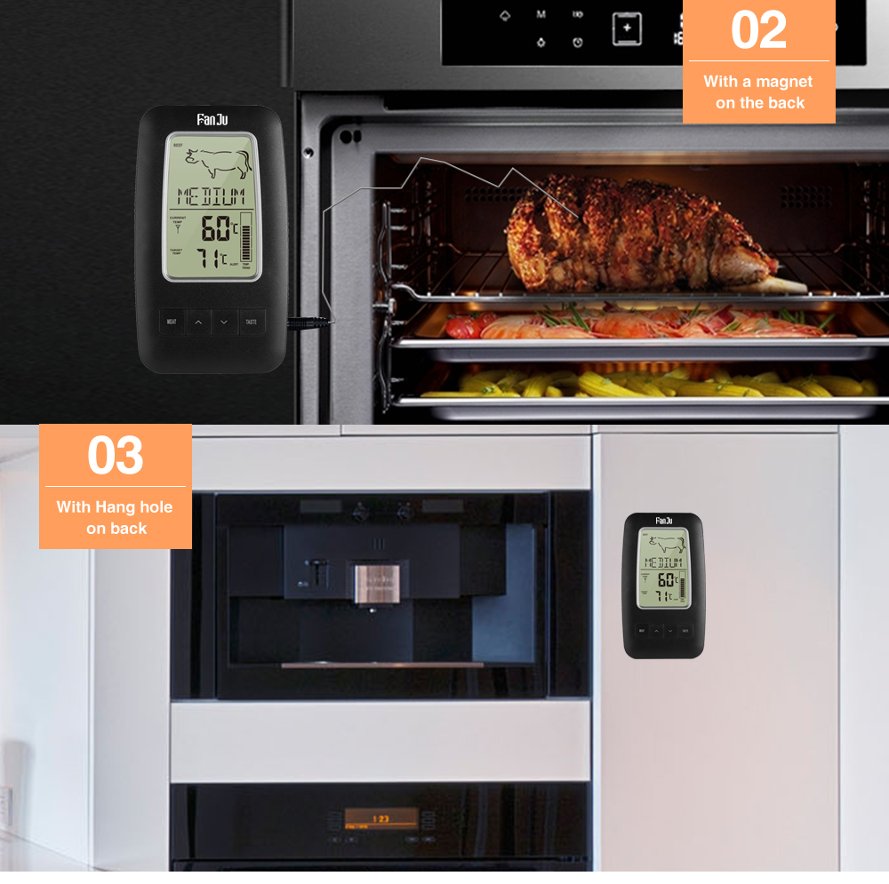 FanJu Digital LCD Kitchen Thermometer Wireless Remote Temperature Oven Grill