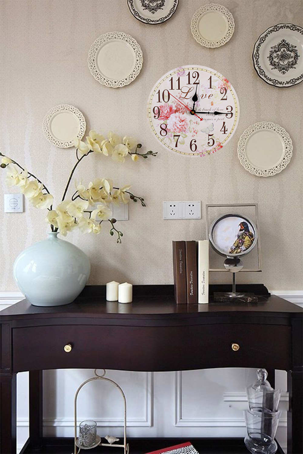 Retro Vintage Wooden Decorative Peony Round Wall Clock