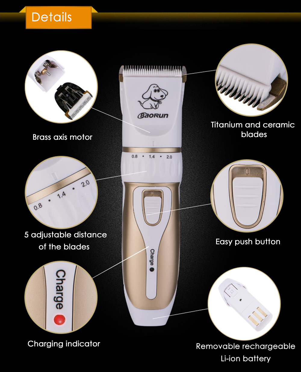 BaoRun P3 Professional Rechargeable Pet Electric Hair Clipper Cutter with Grooming Kit