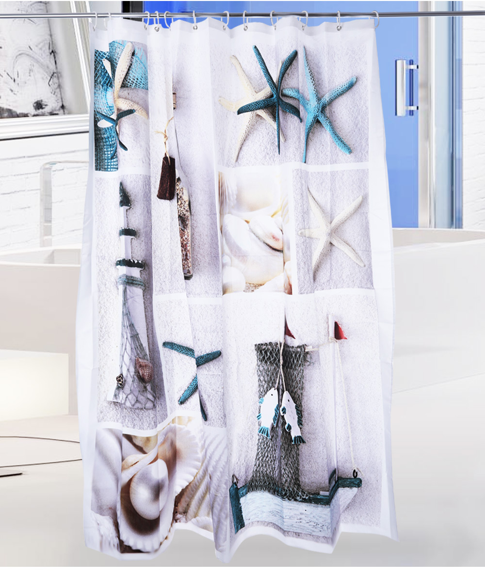 3D Blue Sea Life Seashell Pattern Water-resistant Bathing Shower Curtain Bathroom Decor