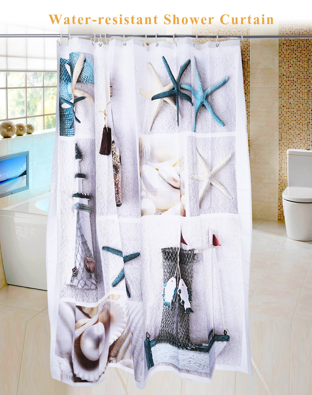 3D Blue Sea Life Seashell Pattern Water-resistant Bathing Shower Curtain Bathroom Decor