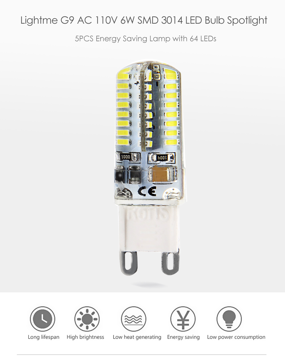 Lightme 5PCS G9 AC 110V 6W SMD 3014 LED Bulb Light Energy Saving Lamp with 64 LEDs