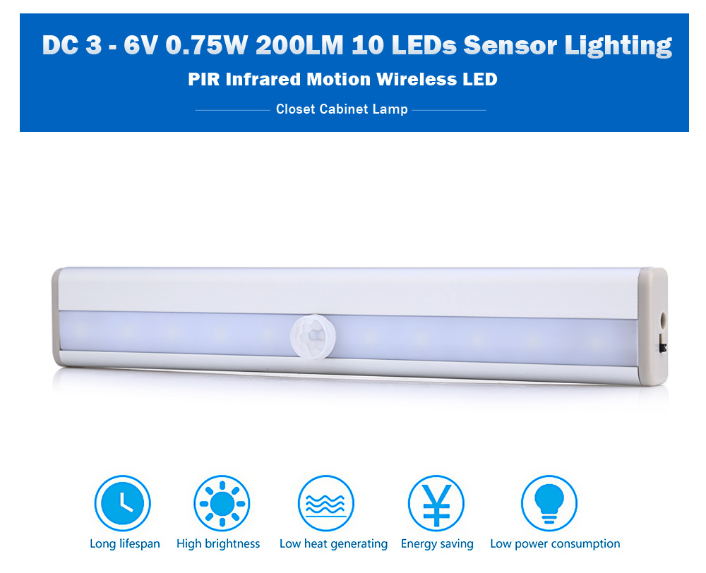 DC 3 - 6V 0.75W 200LM 10 LEDs PIR Infrared Motion Wireless LED Sensor Lighting Closet Cabinet Lamp