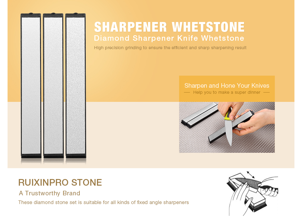 RUIXINPRO 3pcs Fixed Angle Diamond Sharpener Knife Whetstone