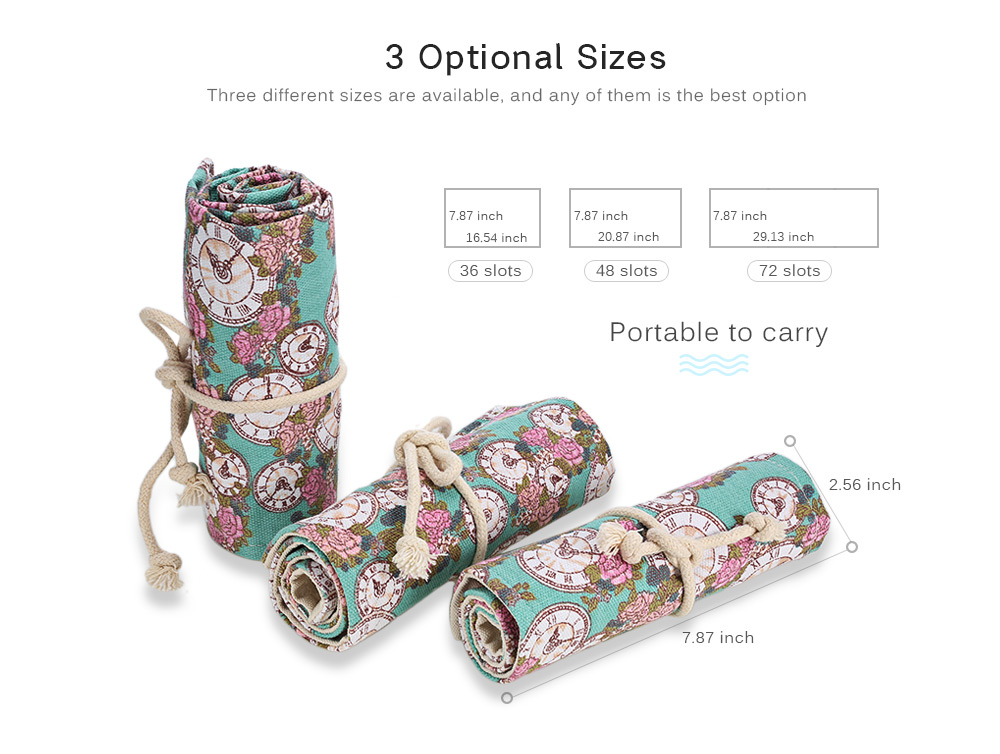 Rose Clock Printed Canvas Floral Stationery Pencil Wrap Pouch Roll Organizer