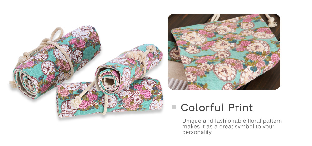 Rose Clock Printed Canvas Floral Stationery Pencil Wrap Pouch Roll Organizer