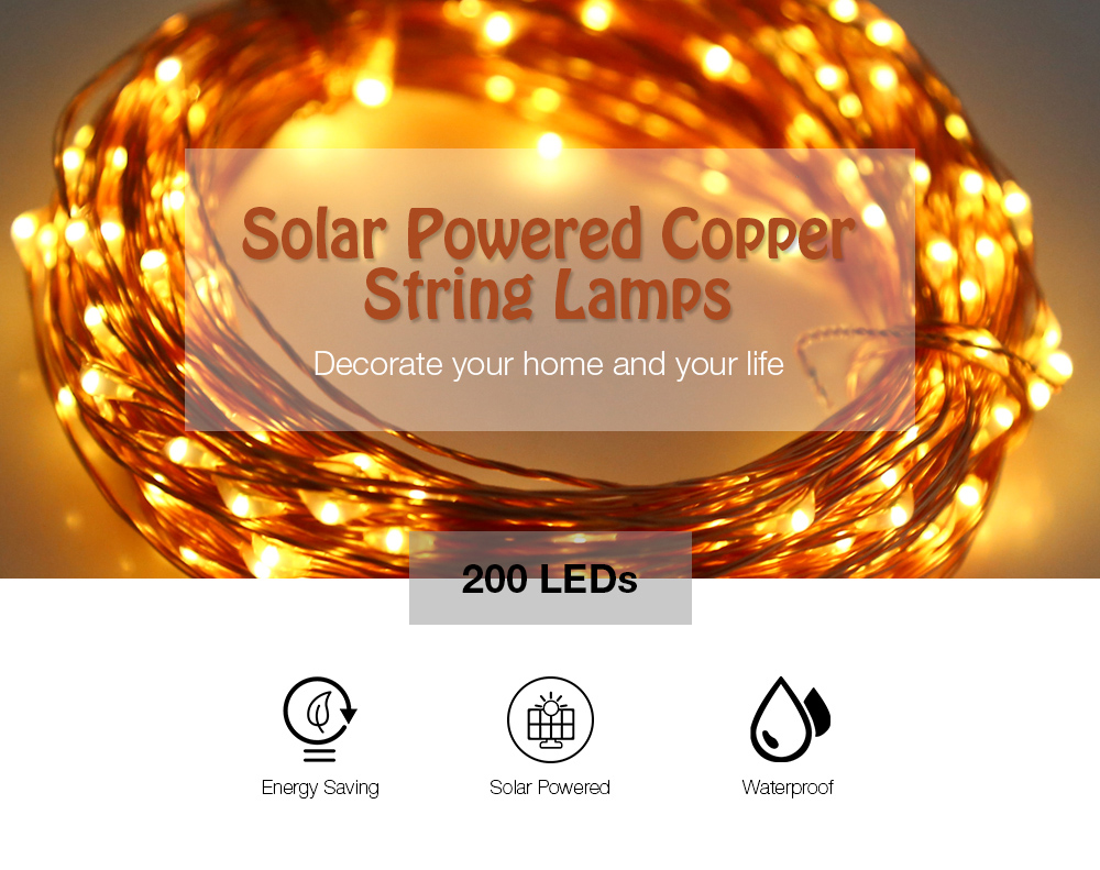 Solar Powered Waterproof 200 LEDs Copper String Lamp Home Yard Christmas Decoration