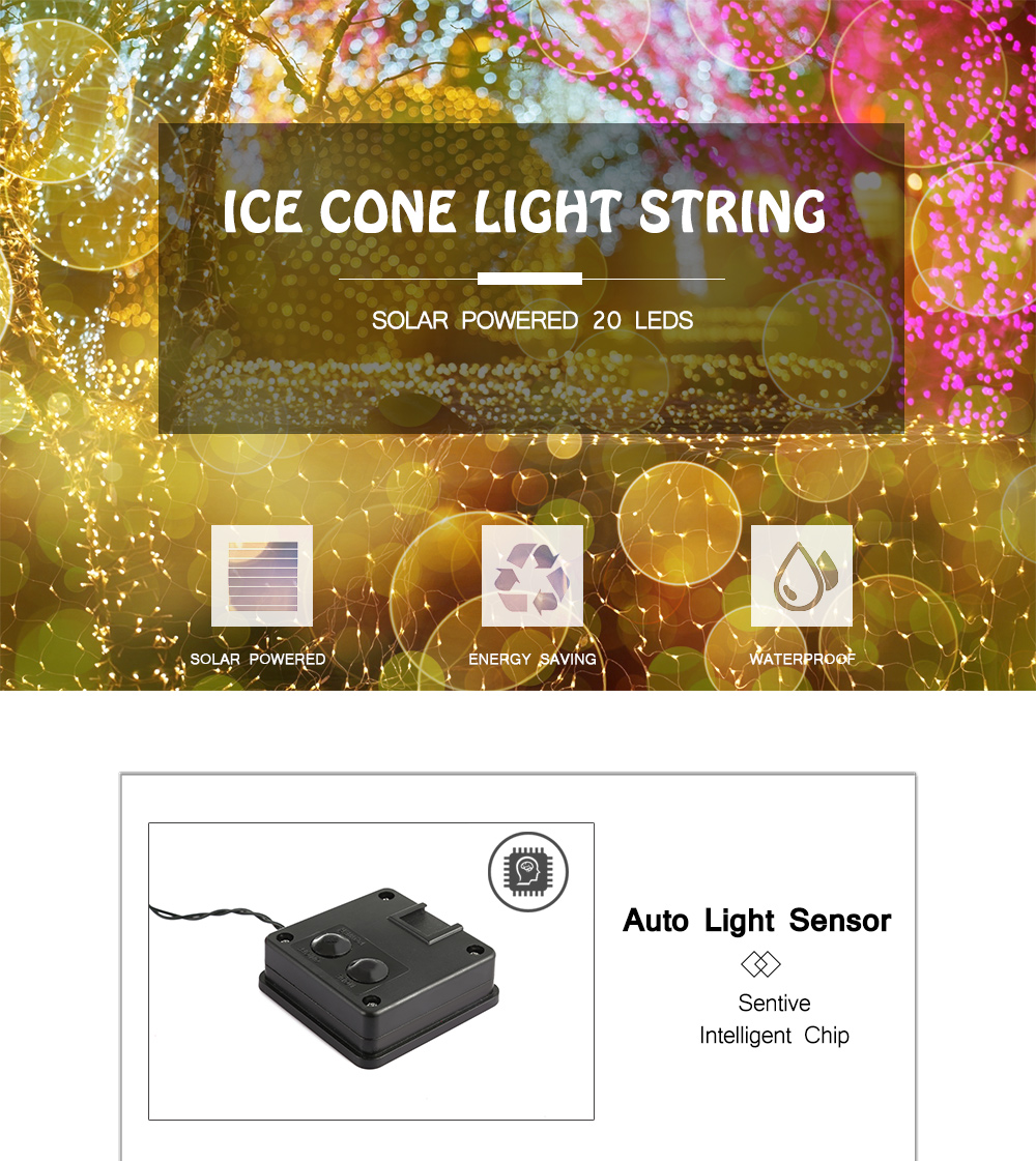 Solar Powered 20 LEDs Ice Cone Light String 5M Decoration Lighting Chains for Christmas Hallowmas