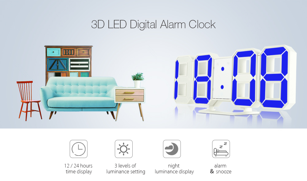 3D LED Digital Alarm Clocks 24 / 12 Hours Display 3 Brightness Levels Dimmable Nightlight Snooze Function for Home Kitchen Office