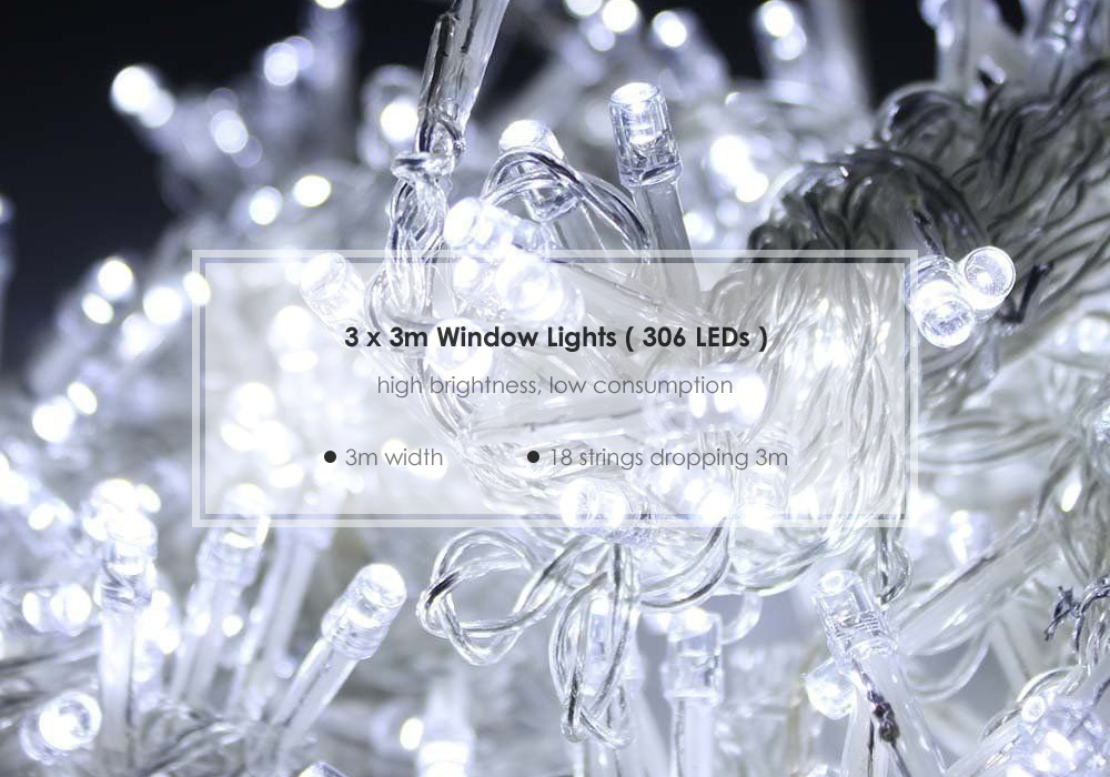 KWB LED Window Curtain Icicle Lights 300 LED String Fairy Lights 118.11 x 118.11 Inch 8 Modes White Christmas / Thanksgiving / Wedding / Party Backdrops