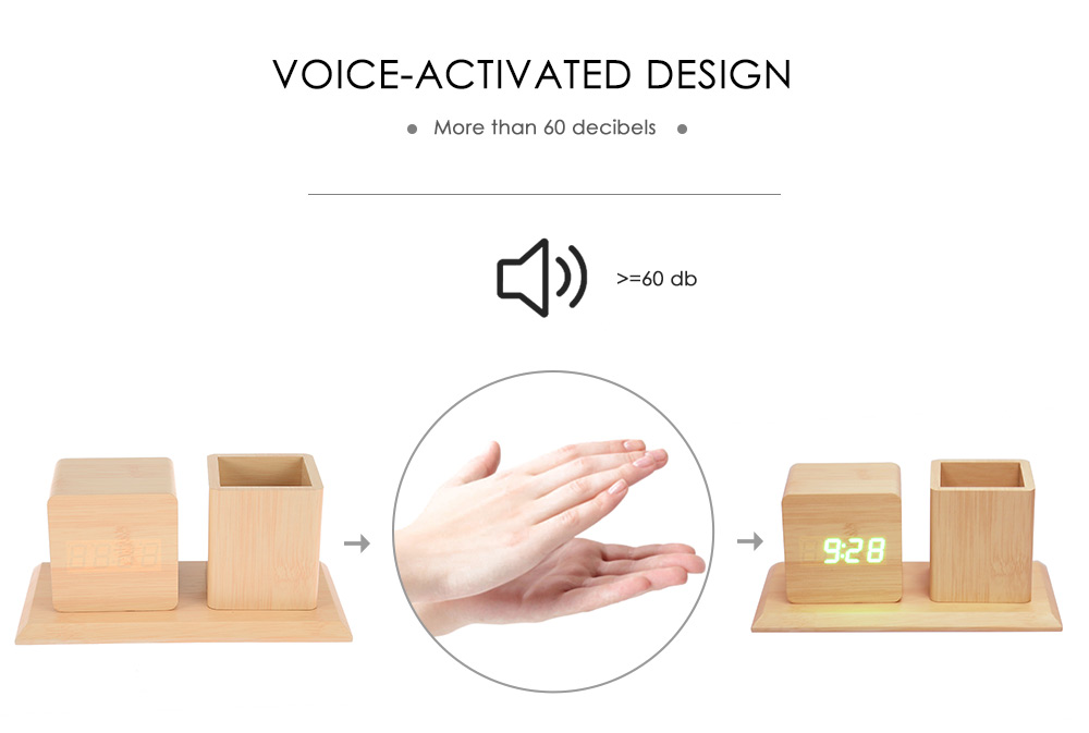 Voice-activated Wooden Alarm Clock with Pen Container
