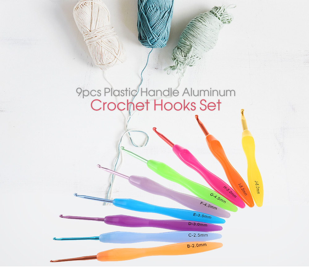 9pcs Plastic Handle Aluminum Crochet Hooks