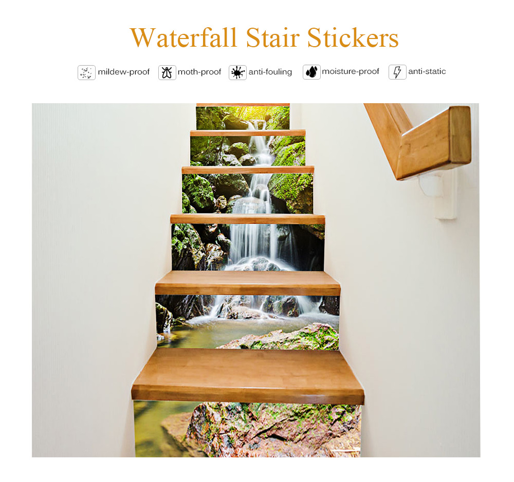 3D Waterfall Stone Stair Stickers Waterproof Wallpaper Home Decorations 7.1 x 39.4 inch 13pcs