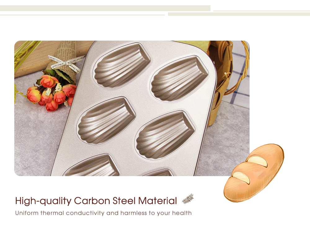 6 Cavity Shell Shape Carbon Steel Non-stick Cake Mold Madeleine Mould