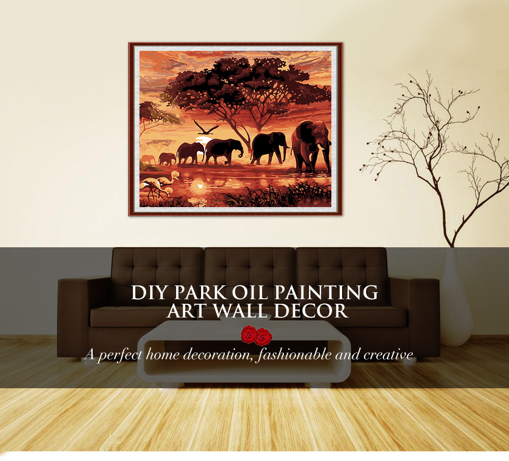 DIY Setting Sun Elephants Oil Painting Art Wall Home Decoration