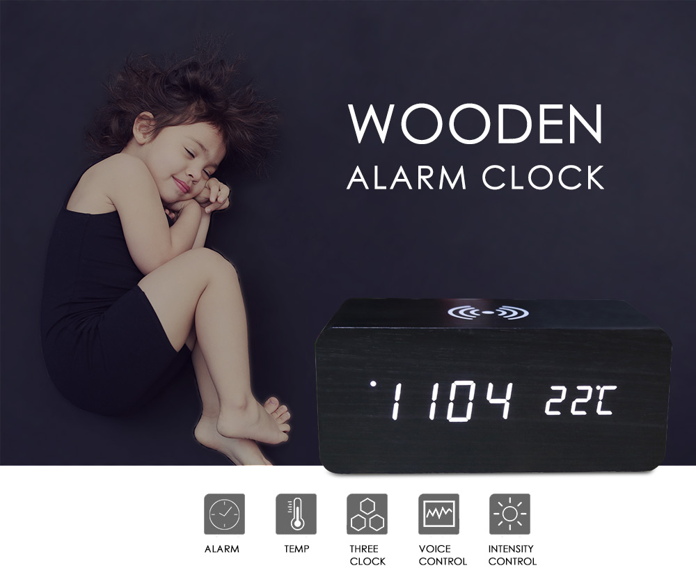 LED Electronic Voice Control Wooden Alarm Clock