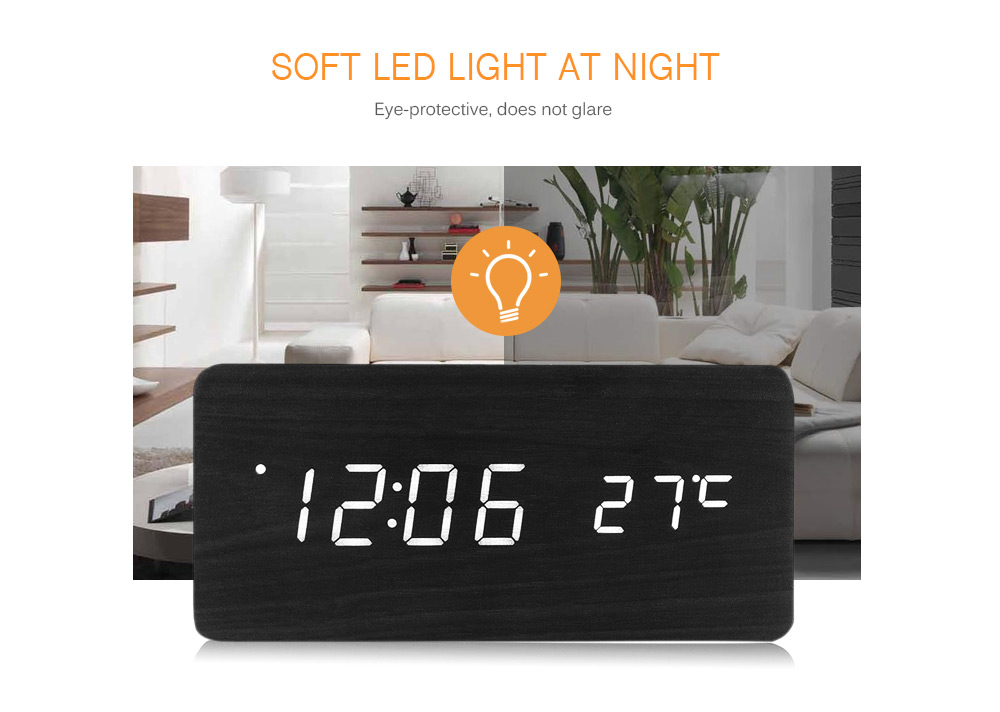 LED Wooden Alarm Clock Time Temperature Calendar Display