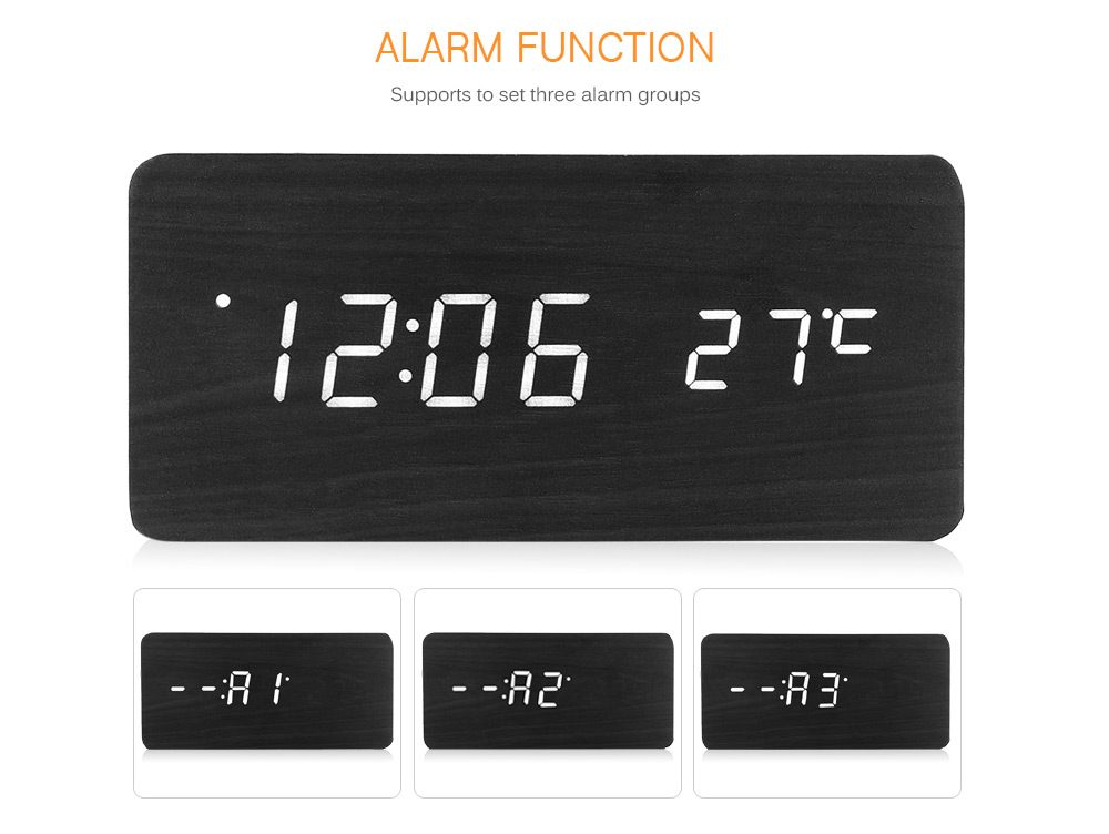 LED Wooden Alarm Clock Time Temperature Calendar Display