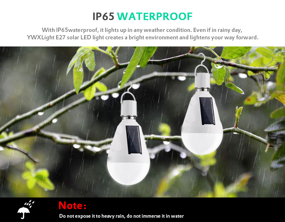 YWXLight E27 7W Rechargeable Hanging Solar Light With Hook Waterproof Camping Emergency AC 85 - 265V