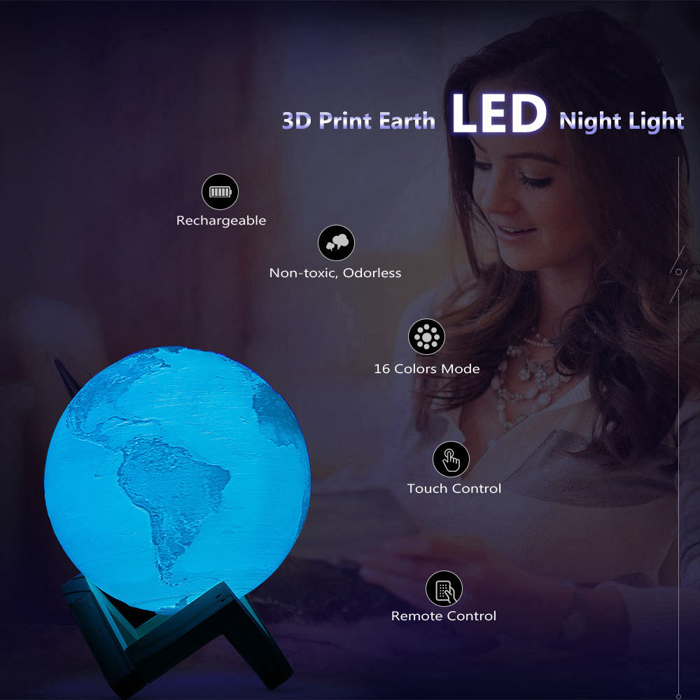 Rechargeable 3D Print Earth Lamp RGB Color Change Remote Control Touch Switch Bedroom Bookcase Night Light Home Decor Creative Gift