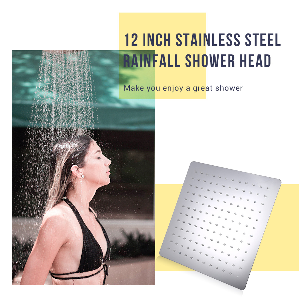 12 inch Ultra-thin Square Stainless Steel Rainfall Shower Head Top Shower