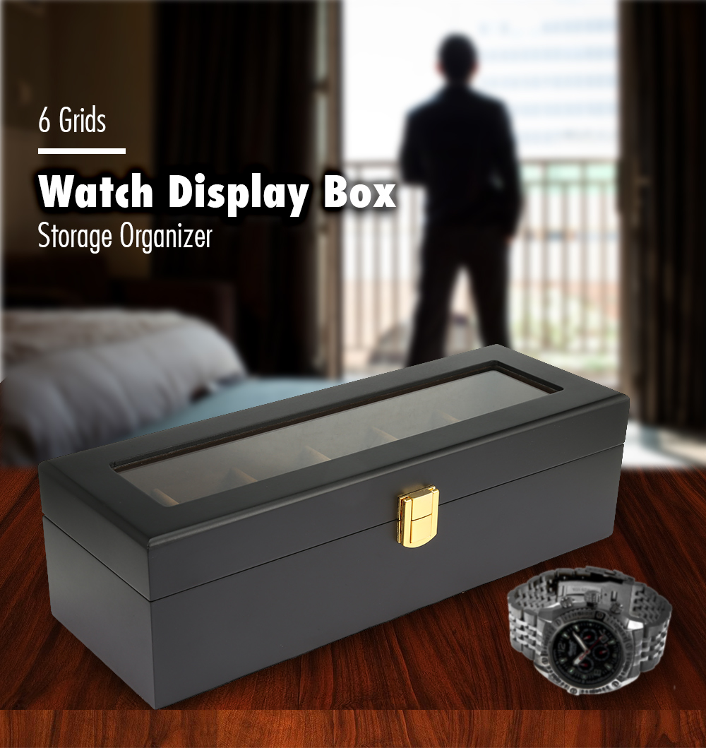 6 Grids Wooden Watch Box Jewelry Display Storage Organizer