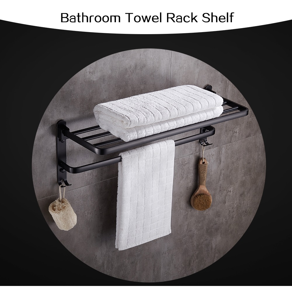Wall-mounted Towel Rack Space Aluminum Bathroom Shelf with Hooks