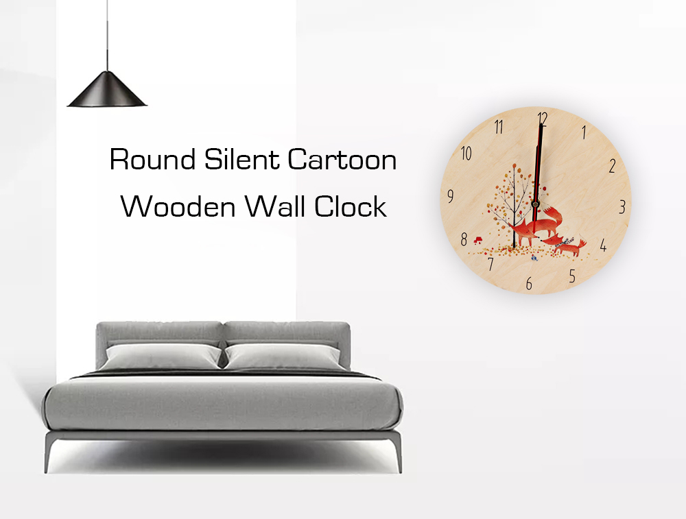 Round Silent Wall Clock Cartoon Wooden Home Art Decor