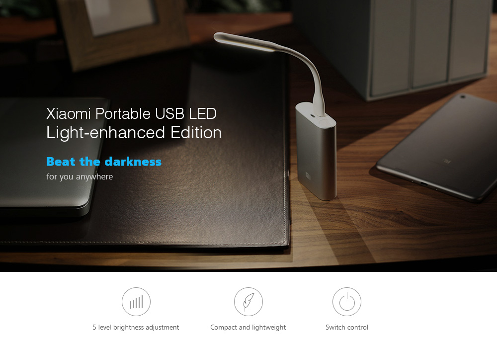 Original Xiaomi 5V 1.2W LED Light Portable USB Lamp 5-Level Brightness Adjustment Switch Control Energy Saving Mobile Power Bank Accessory ( Enhanced Edition )